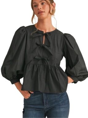 Cotton Puff-Sleeve Tie-Front Peplum Blouse — Black
